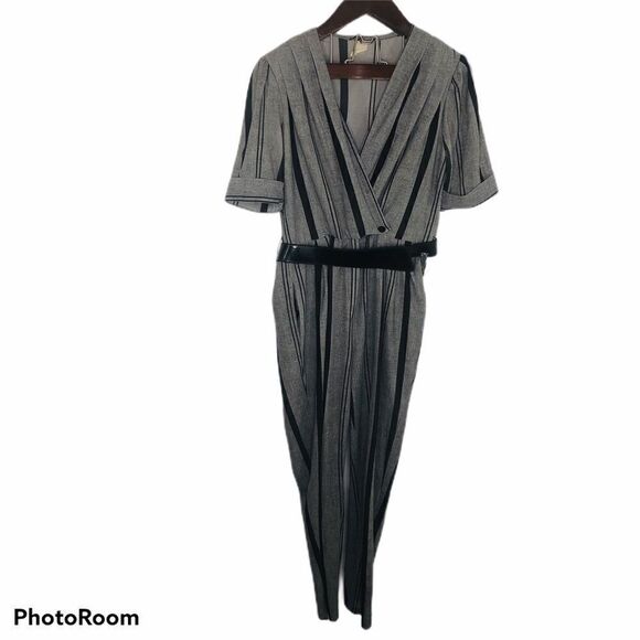 Vintage Striped Jumpsuit Pants Belted 70s M 12 80s Retro Business Suit - Picture 1 of 6